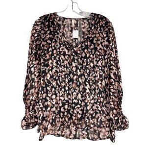 TYCHE Blouse Women Medium Black Animal Print Sheer V-Neck Elastic Sleeves